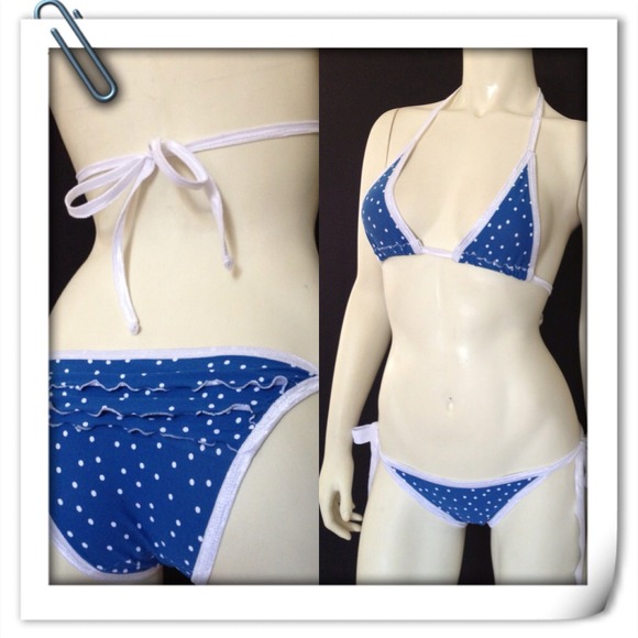 Blue with white polkadots Ruffel back bottom