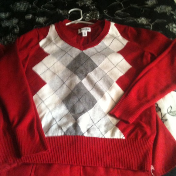 Red and white argyle sweater