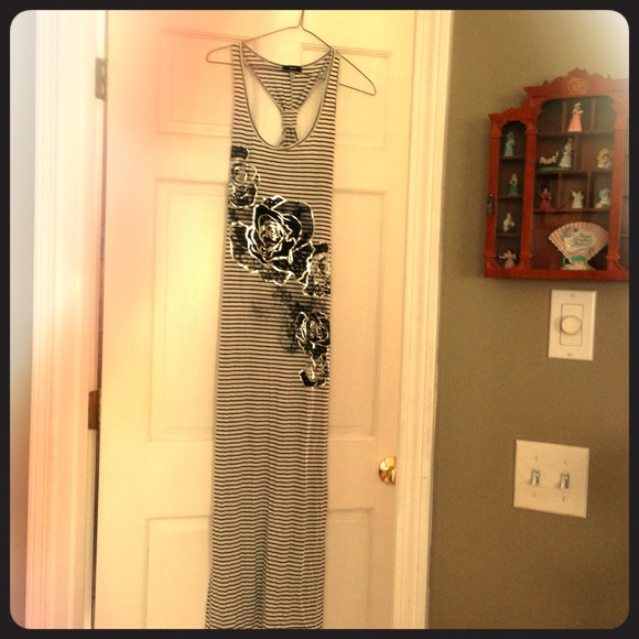Black and white striped maxi dress with flowers