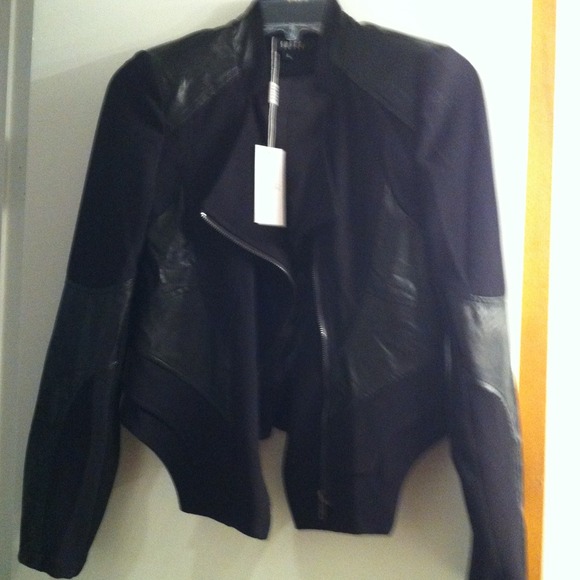 Black nylon and leather like trim jacket