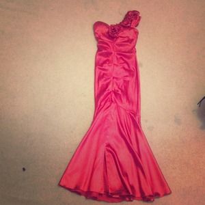 One-shoulder, red, satin mermaid dress! Worn once