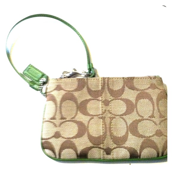 Authentic Coach wristlet classic brown c's w/green