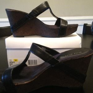 Black Nine West leather wedges