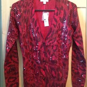 Sequin covered red leopard print cardigan