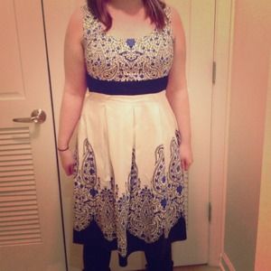 Blue, white, and black paisley A-line dress
