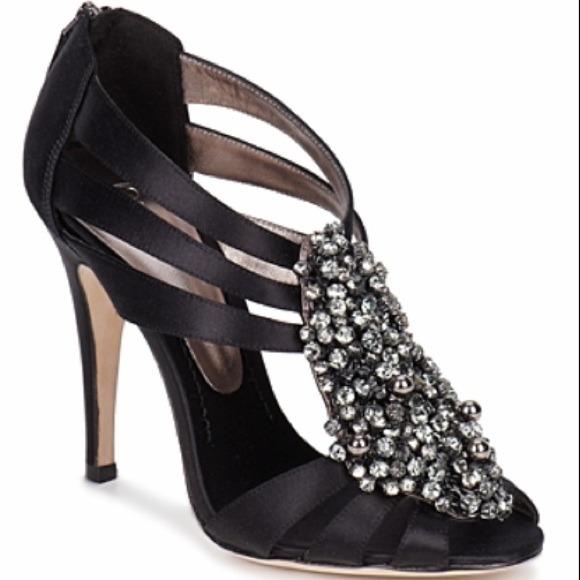 Bourne black satin and crystal heels