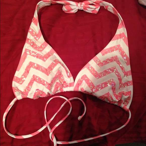 Pink and white sequin triangle bikini top