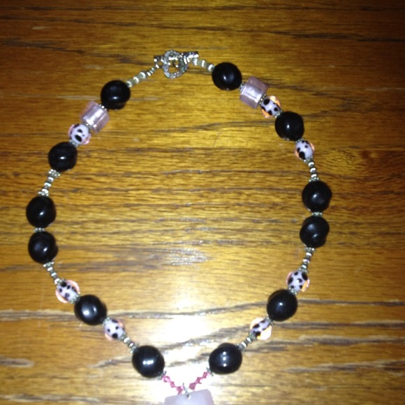 Pink rock & black bead necklace