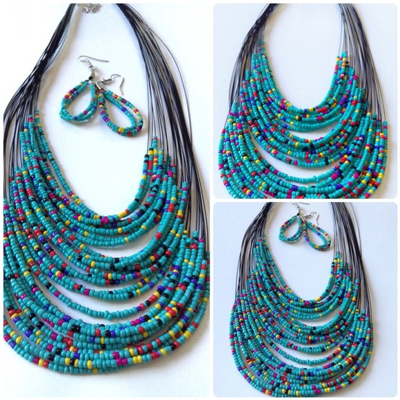 Multilayer Glass Beads Earrings & Necklace Set