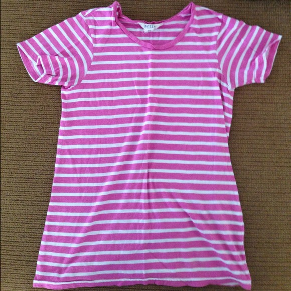 Pink short sleeved shirt with white stripes