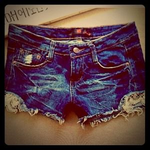 Distressed lace detail denim shorts