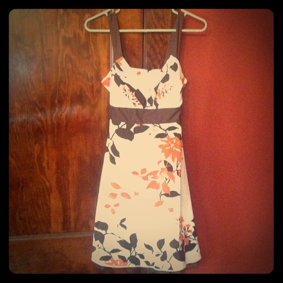 White, burnt orange, and brown floral print dress