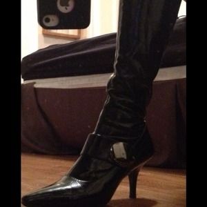 BCBG patent knee High Boots.