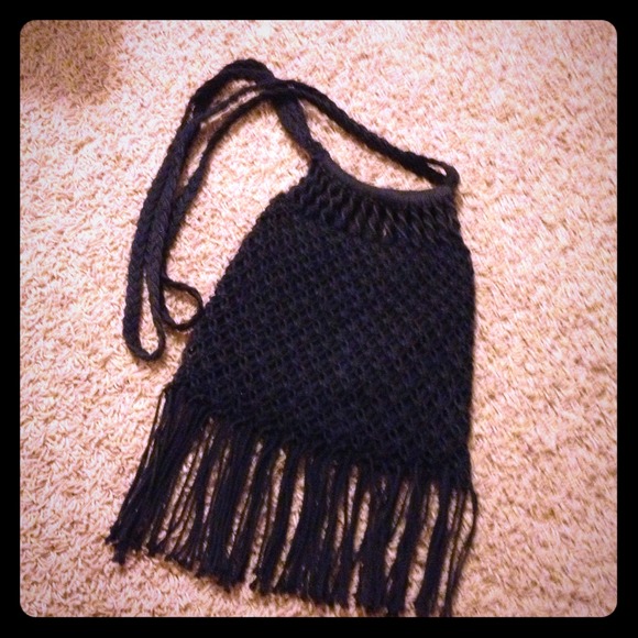Navy Blue Crocheted Fringe Bag