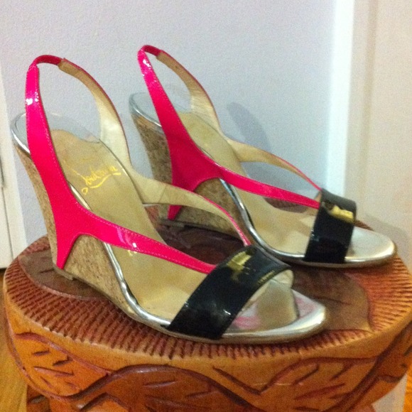 Christian Louboutin hot pink & black patent wedge