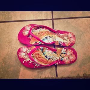 RESERVED Ed Hardy Koi design flip flops