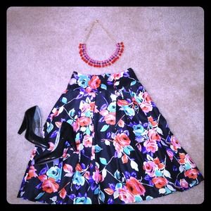 SOLD EXPRESS Floral Pleated Tea Length Skirt