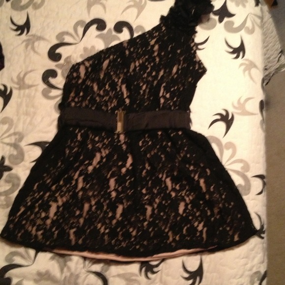 Tan and black lace cocktail dress