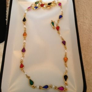 Multi-color stone and pearl goldtone necklace
