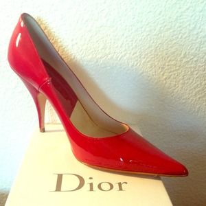 Christian Dior cherry red patent leather pumps.