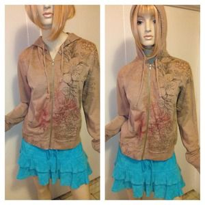 %Tan with floral print zip-up hoodie