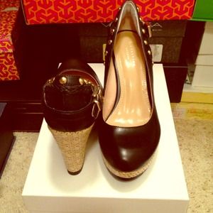 Wedge pumps with gold stud and buckle detailing