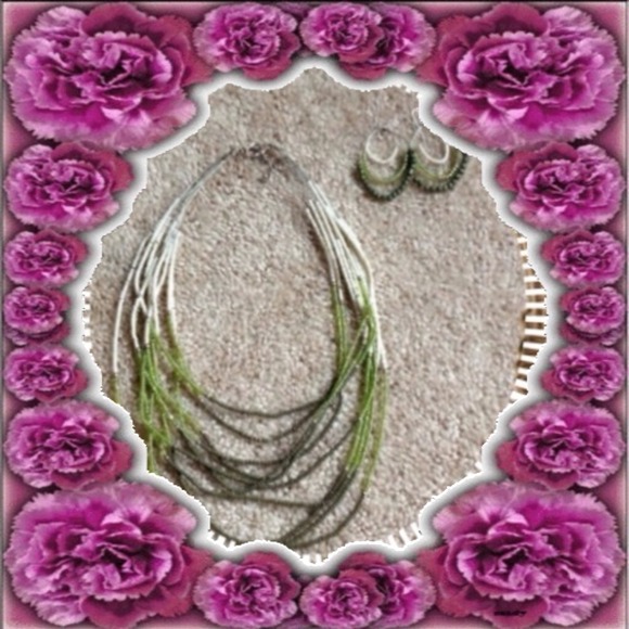 Green and Beige Beaded Necklace-Matching Earrings