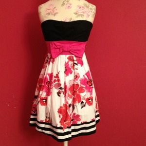 Black, white & pink floral strapless dress