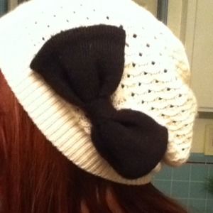 White Beanie with Black Bow