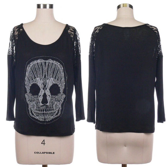 Skull trim with lace on shoulder top - Picture 1 of 3