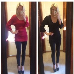 Arden B sweater tunic scoop neck black red silk