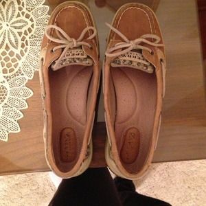 tan, cheetah print sperrys