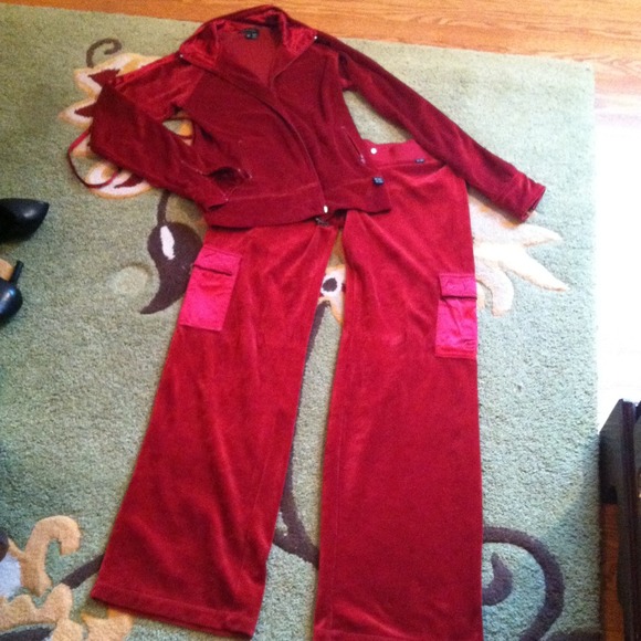 BCBG red velour track suit.