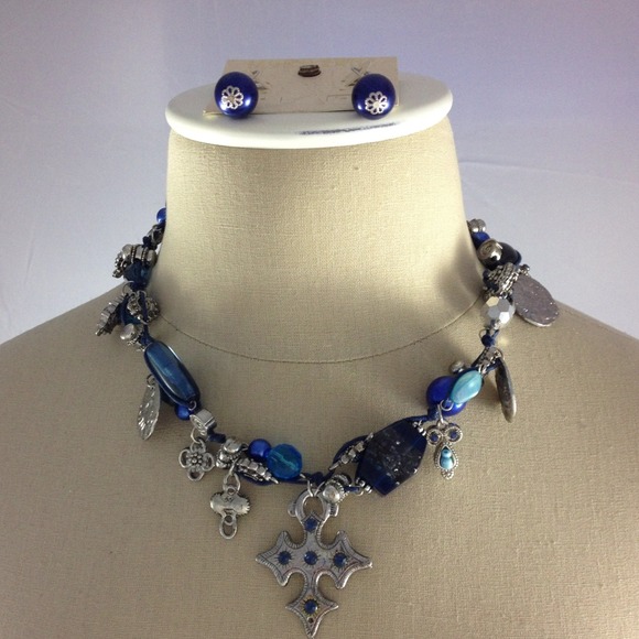 Chunky Blue Cross Necklace and Earrings