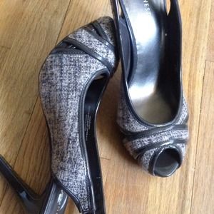 Nine West brown and cream peep-toe heels.