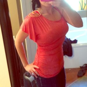 Coral top with embellished shoulder