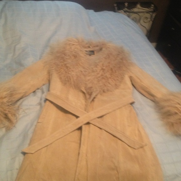 Leather beige long jacket lined