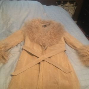 Leather beige long jacket lined
