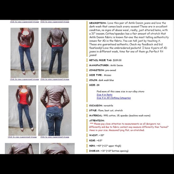 ⛔️SOLD⛔️ ANTIK dark wash blue jeans sz 28, 32x31 - Picture 4 of 4