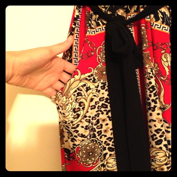Short dress with rich red and leopard print