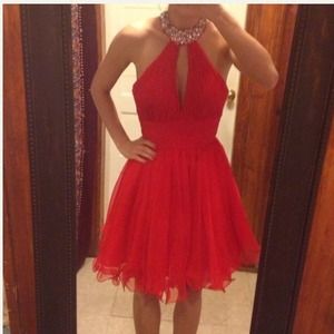 Mac Duggal Red crystal neckline prom dress tulle