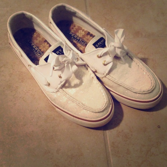 Glittery white Sperrys