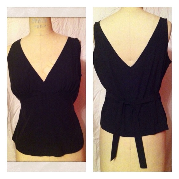 Black V Neck top. Tie in back. Silk.