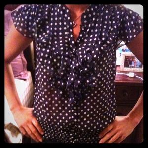 Navy blue cashmere white polkadot top