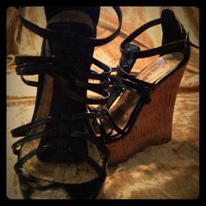 Black Strappy Cork Wedges
