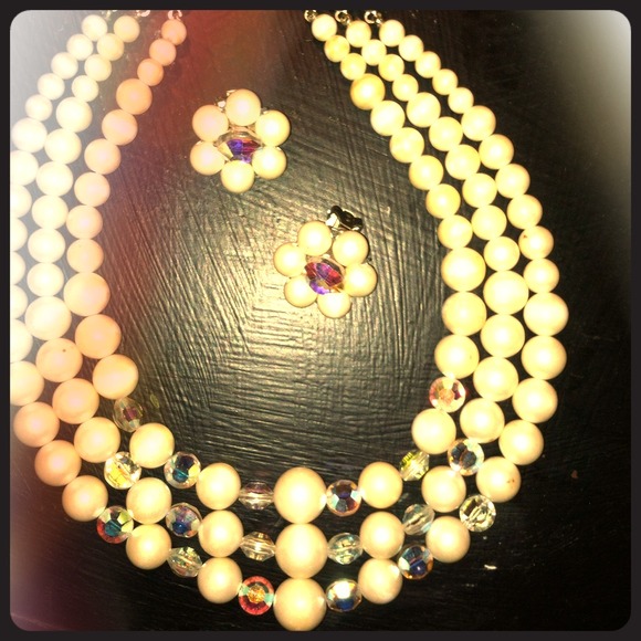 RESERVED Vintage Pearl Crystal Necklace & Earrings