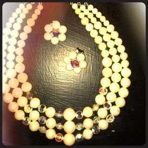 RESERVED Vintage Pearl Crystal Necklace & Earrings