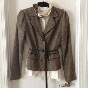 Brown tweed-style blazer with tie waist