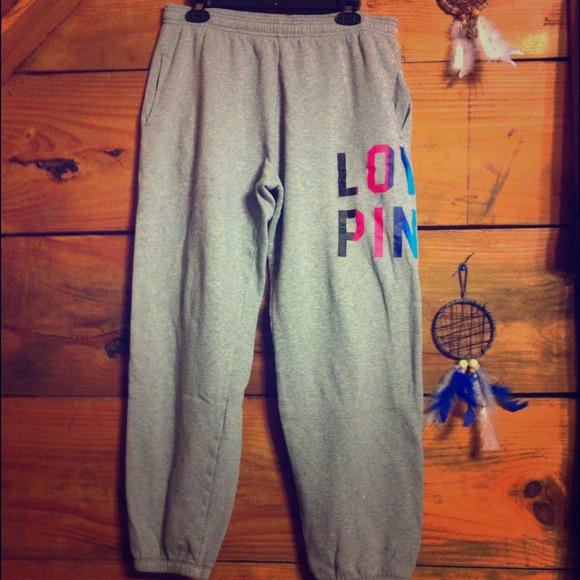 Grey Victoria's Secret sweats w/ colorful wording
