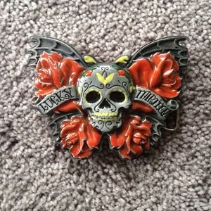 Lucky 13 skull butterfly belt buckle